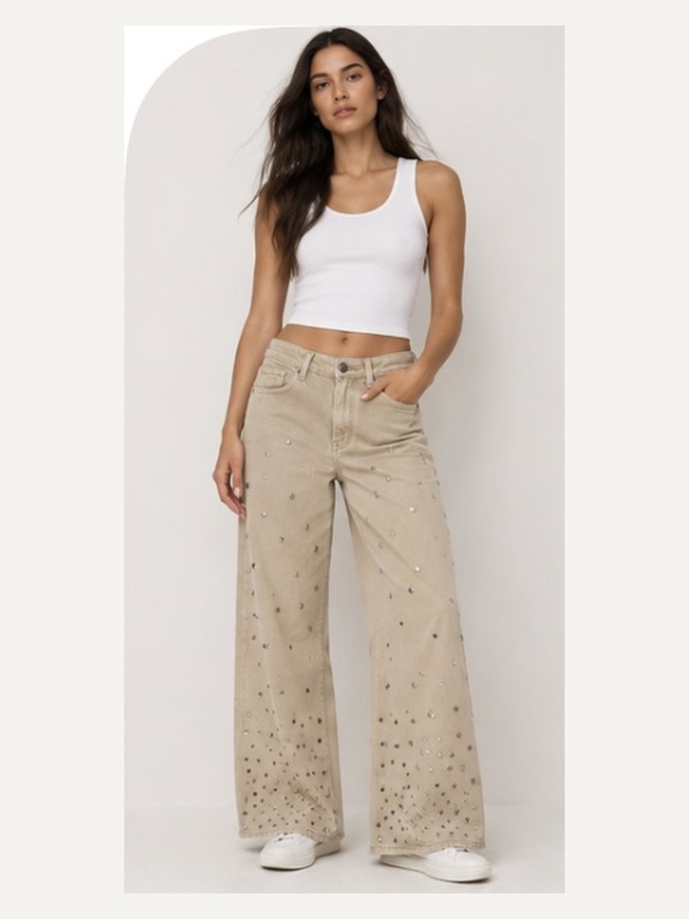 Zara Beige Wide-Leg Embellished Jeans